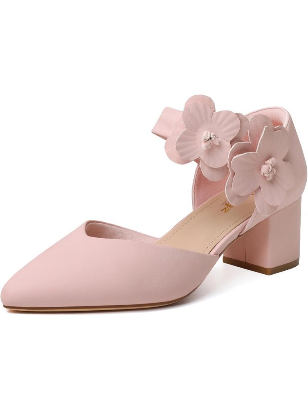 Women's Pink Chunky Kitten Heels Closed Toe Slip On Comfortable Flower Shoes